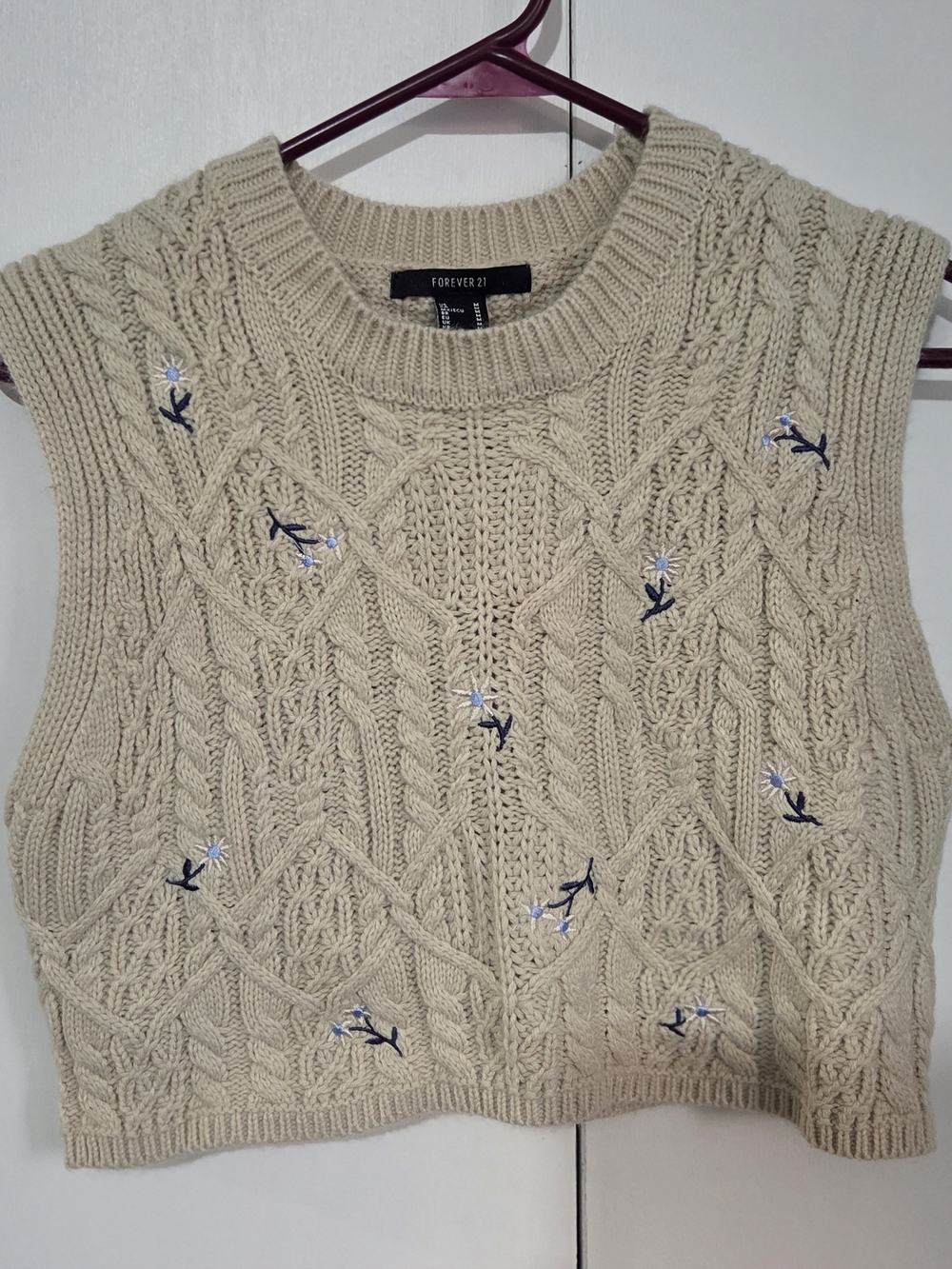 Forever 21 Cream Cable Knit Sleeveless Sweater Vest with Blue Floral Embroidery